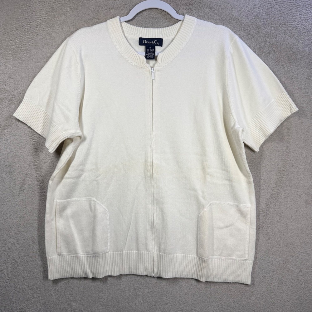 Denim&Co Cardigan Women 1X Cream Zip Front Short Sleeve Knit Minimalist Casual